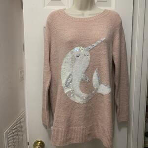 Lauren Conrad Women’s Sweater Narwhal Sequins Fuzzy M Tunic Pink Whimsical